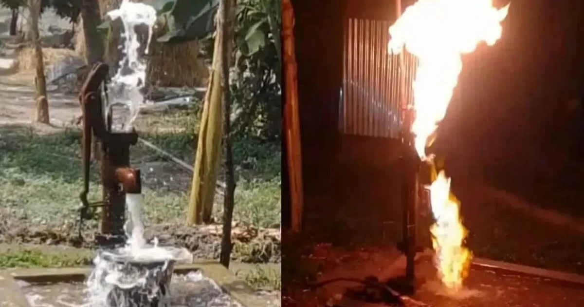 টিউবওয়েল থেকে উঠছে গ্যাস, জ্বলছে আগুন